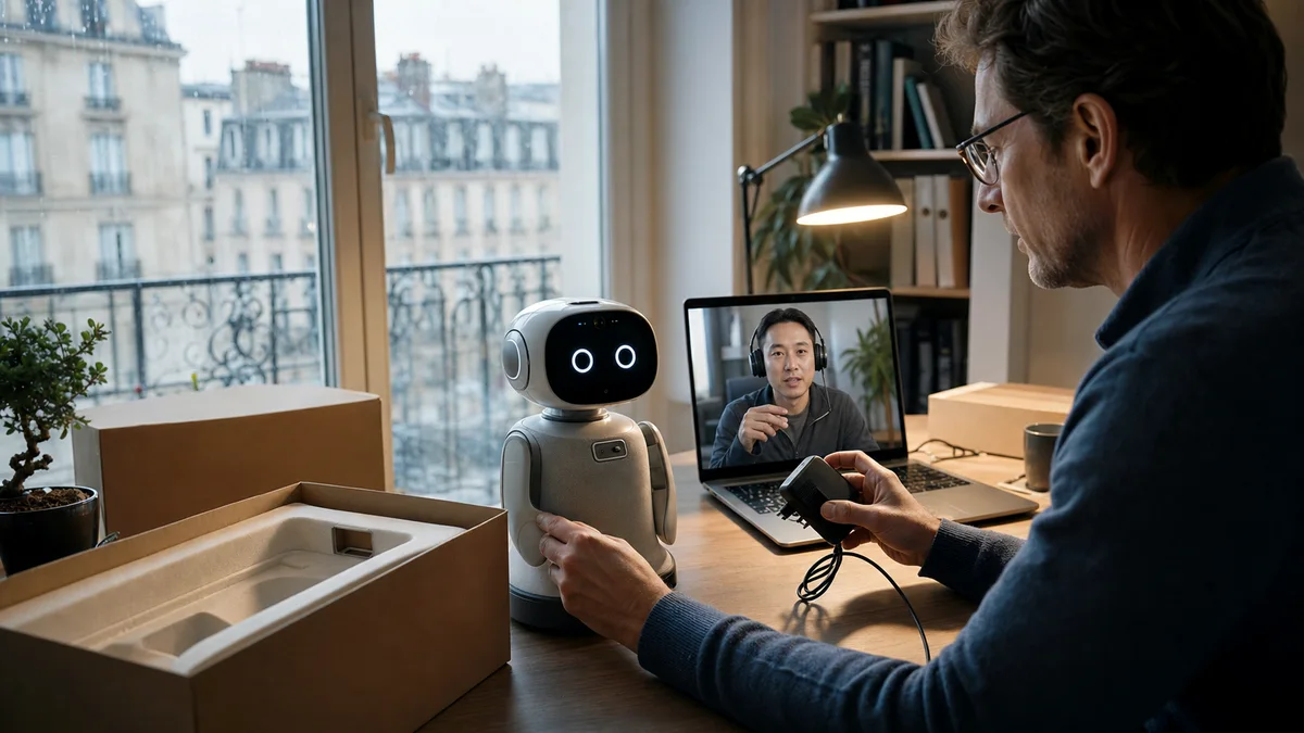Inspection méthodique d’un robot livré avec sa caisse et ses accessoires.