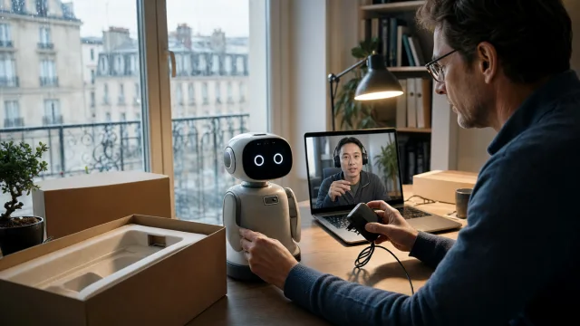 Inspection méthodique d’un robot livré avec sa caisse et ses accessoires.