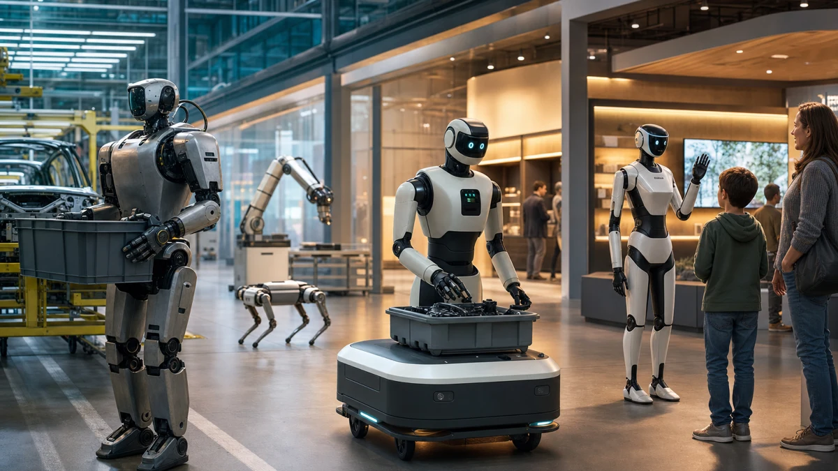 Robot humanoïde de service échangeant avec des visiteurs dans un espace public lumineux