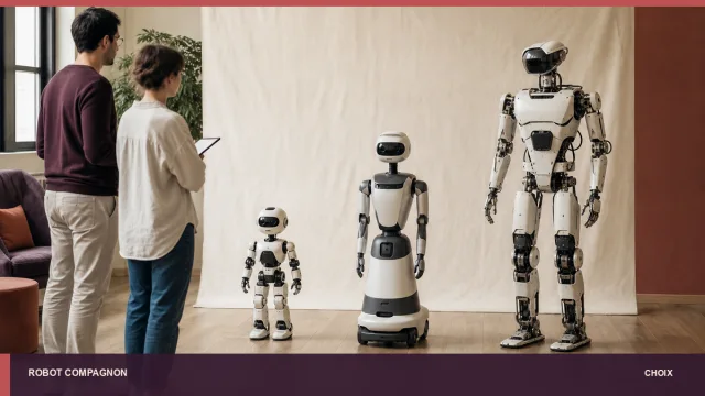 Plusieurs formats de robots évalués par deux personnes dans un studio.
