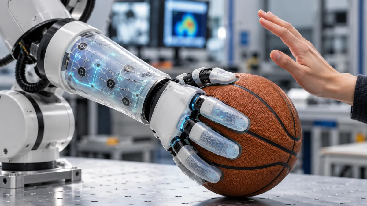 Bras robotique générique recouvert d’une peau tactile souple au contact d’un ballon dans un laboratoire