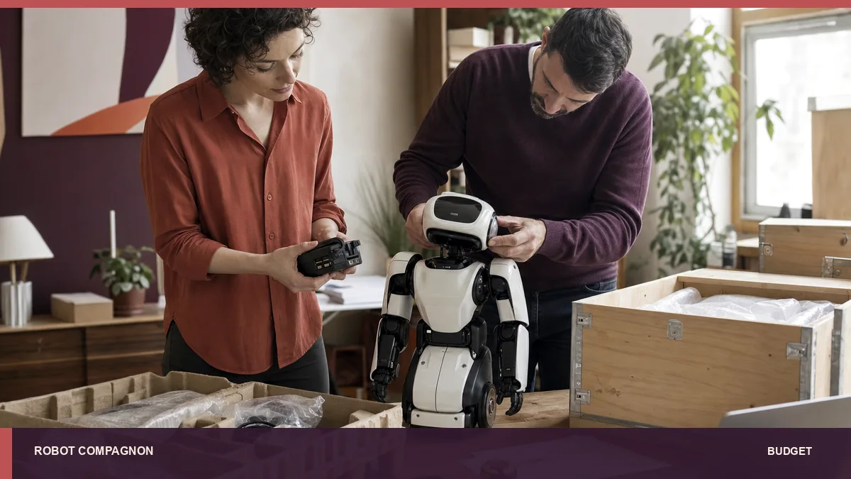 Deux personnes contrôlent un robot et ses accessoires lors de la livraison.