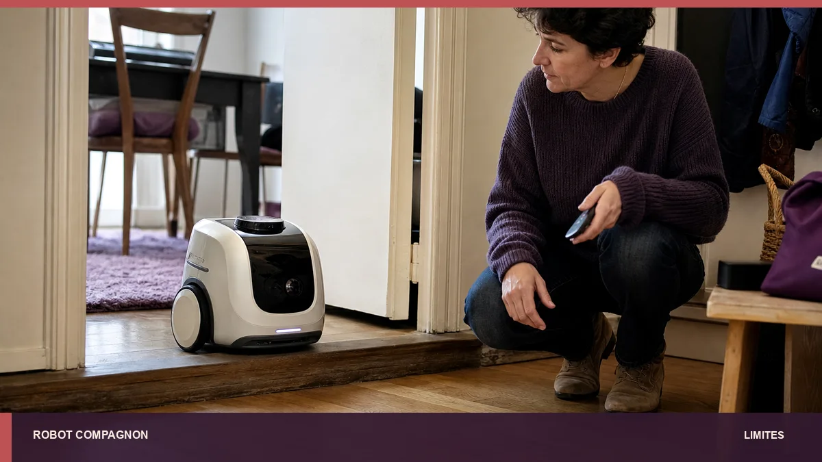 Robot mobile bloqué par un seuil domestique sous surveillance humaine.
