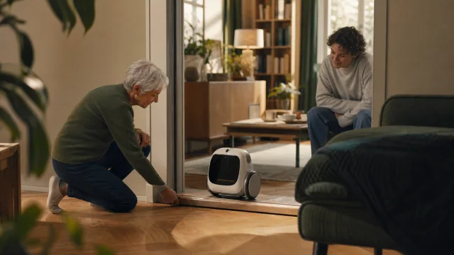 Femme âgée aidant un petit robot compagnon à franchir un seuil domestique sous le regard rassurant de sa famille.