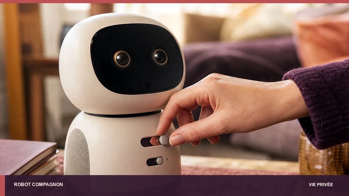 Main fermant les capteurs et le microphone d’un robot compagnon.