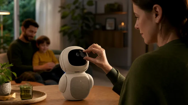 Main fermant les capteurs et le microphone d’un robot compagnon.
