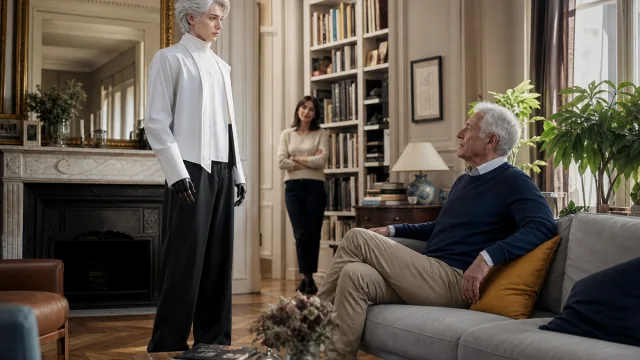 Un robot humanoïde UWORLD U1 échange avec un senior dans un salon familial