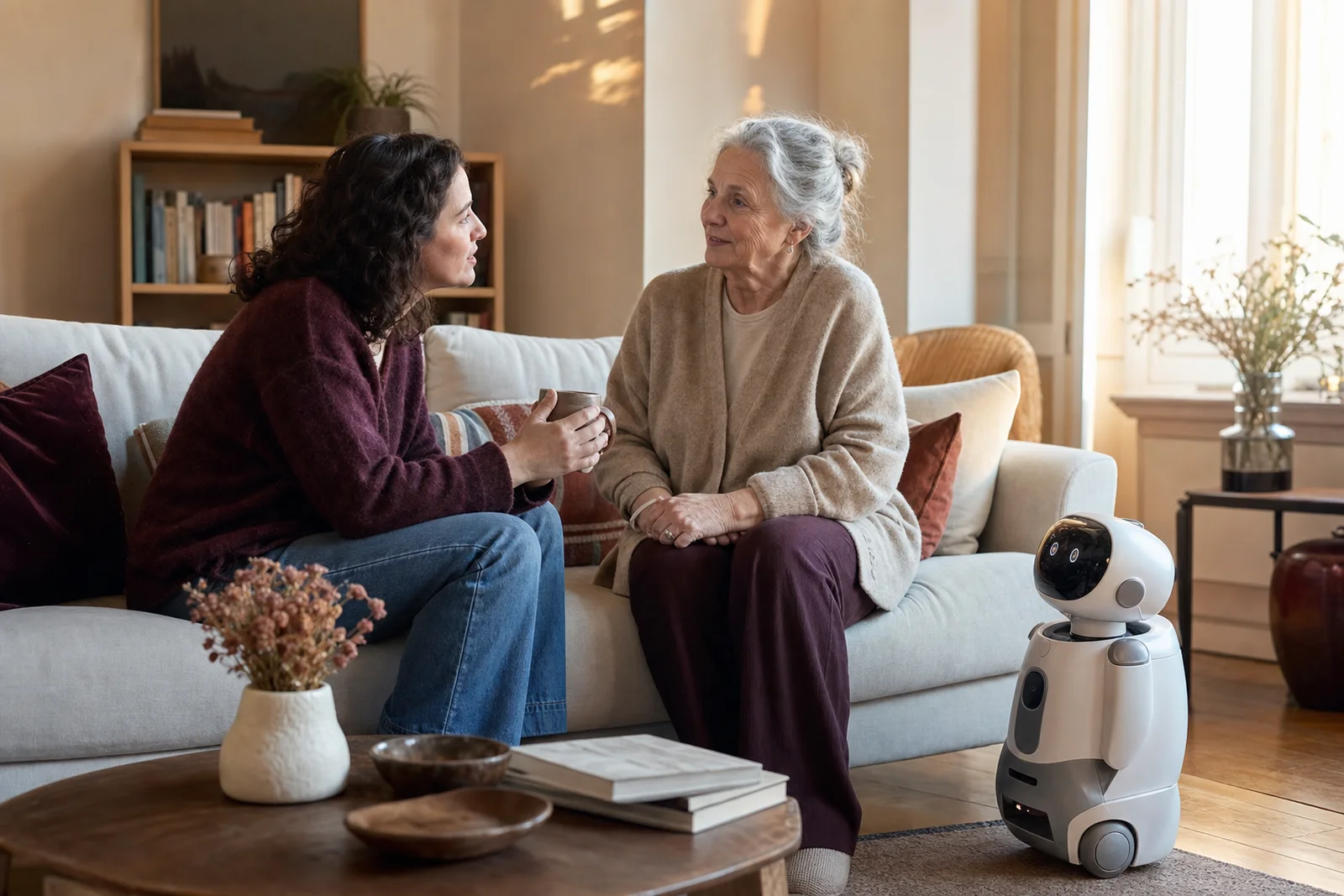 Une femme âgée et sa fille discutent dans un salon, avec un petit robot compagnon au premier plan